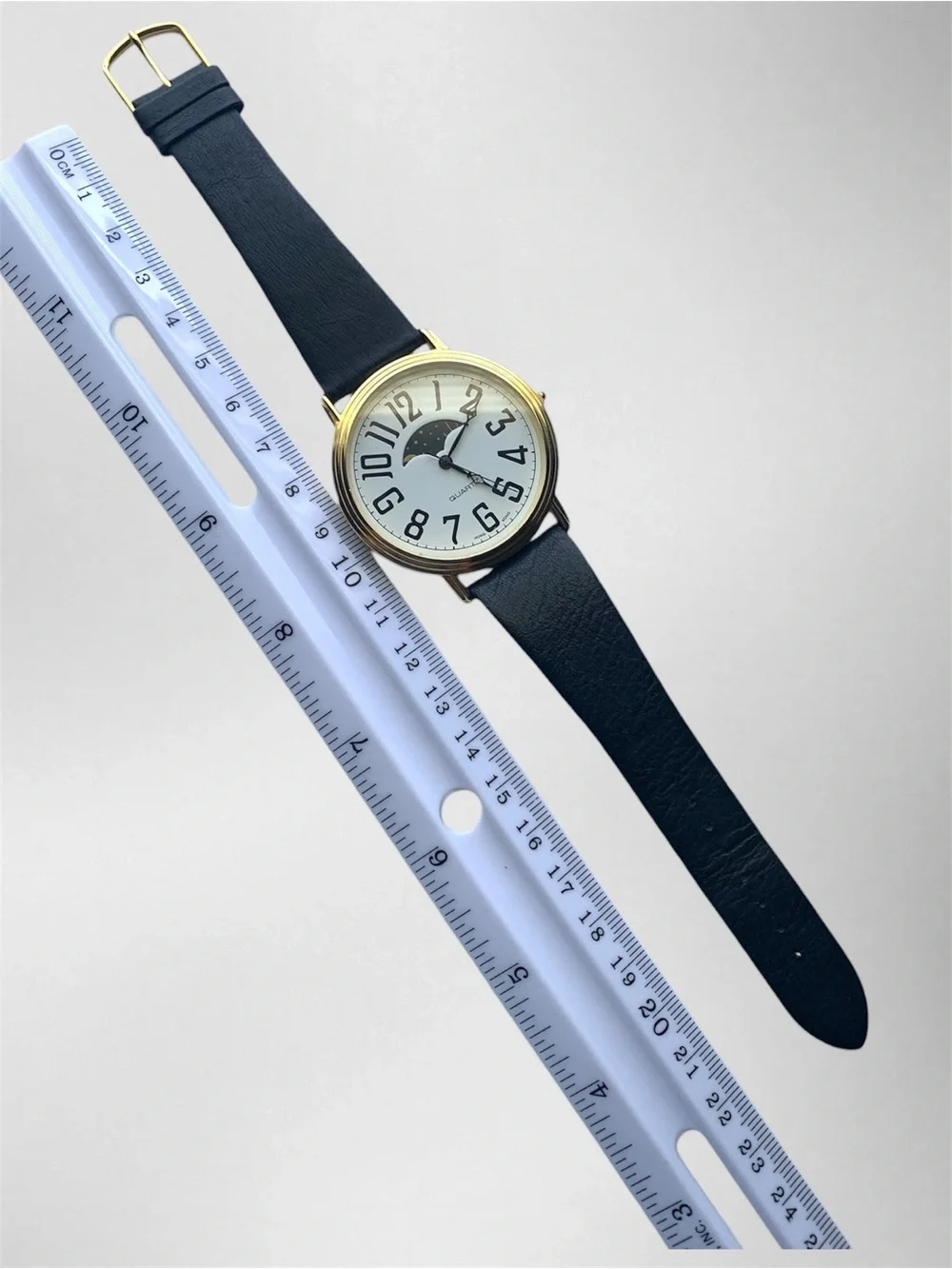 Classic Black Leather Gold-Tone Quartz Watch with Moonphase Dial, Unisex